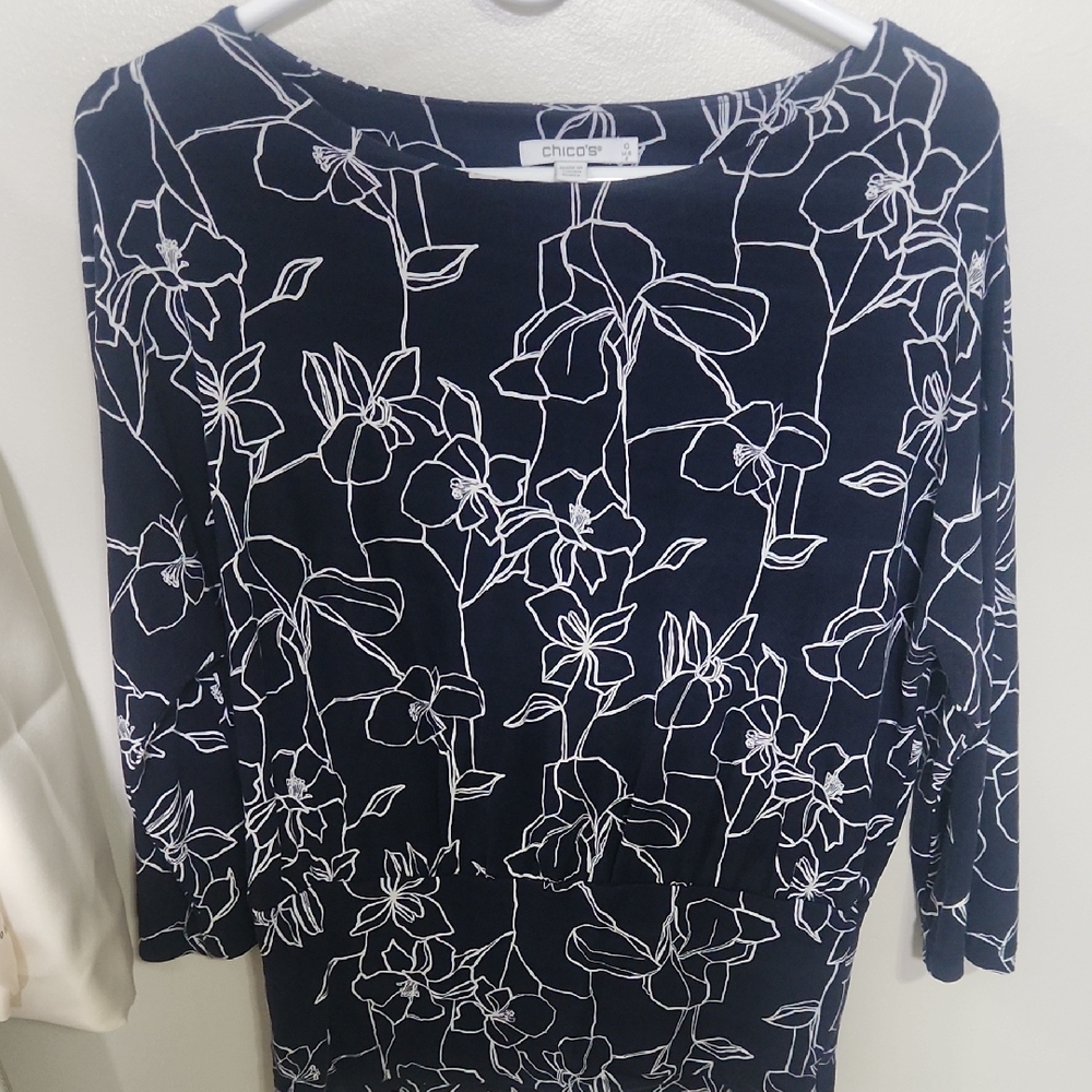 Chico's Navy Floral Outline Boatneck Top